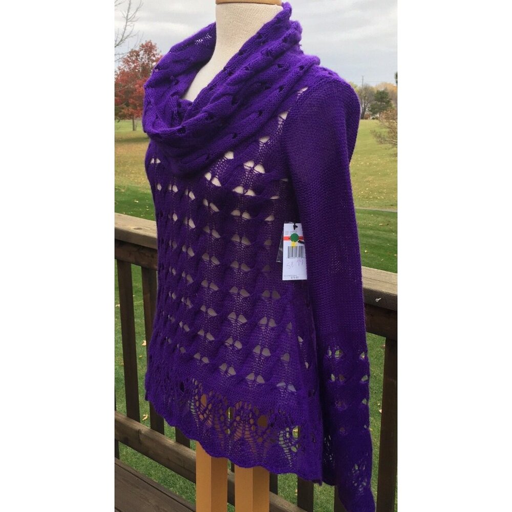 Nine West Womens Sweater sz XS Plum Purple Cowl Neck Open Thin Knit Long Sleeve - Picture 2 of 12